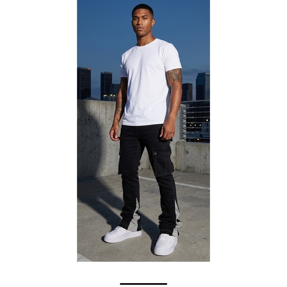Fashion Nova Men Carried Cargo Stacked Skinny Flared Jeans Black FNMN426 Mens 38